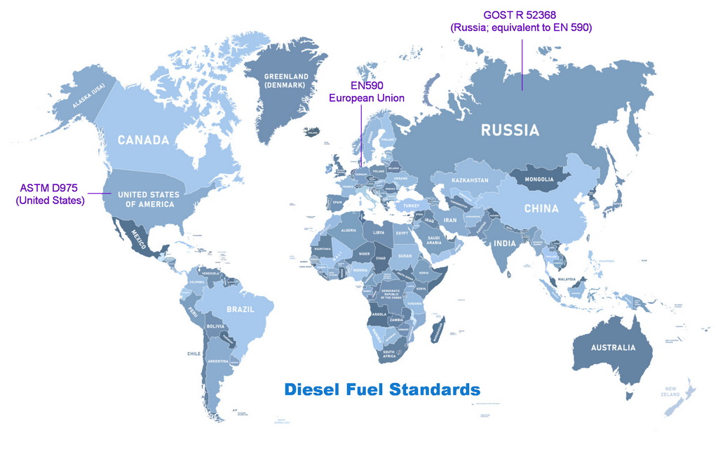 A map of the world with different fuel standard labels